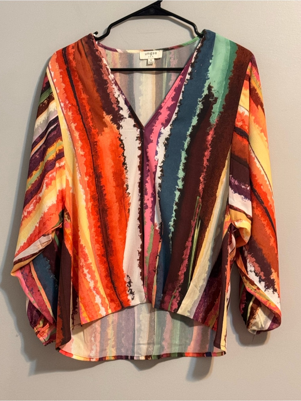 Umgee Small Multicolor Abstract Stripe V Neck High Low Boho Blouse